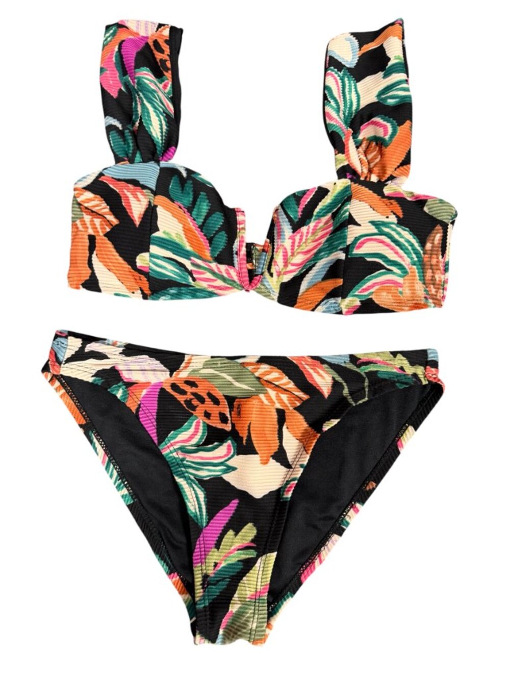 Time and Tru Bikini Set Small Black Topical Floral Textured Wide Strap